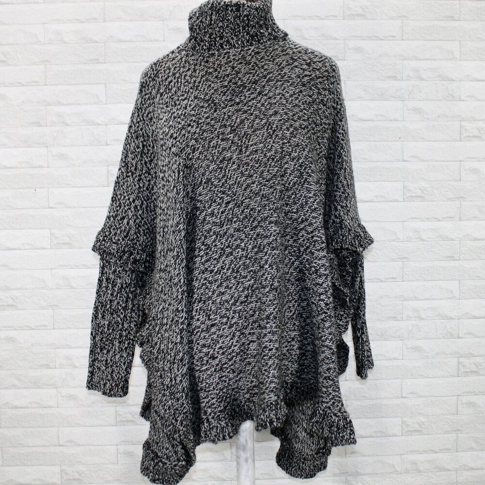NITROGEN Sweater Turtleneck Poncho Long Sleeve Ruffled Knit Grey Oversized XS